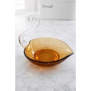 Vintage Amber Glass Swan Dish Bowl Hand Blown Art Glass Mid-Century Style Decor